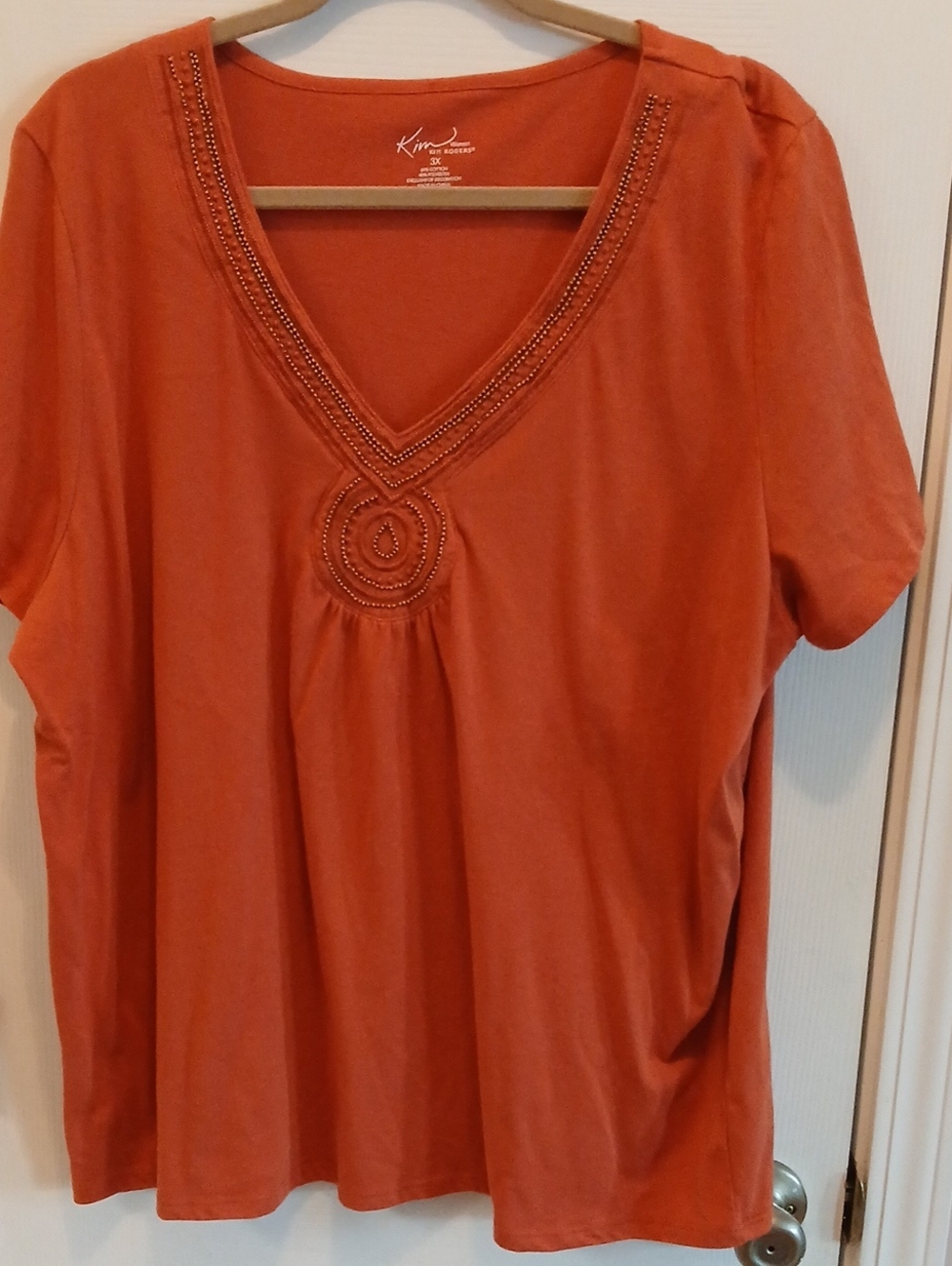 Kim Rogers Women's Rust V-Neck Embellished Short Sleeve Top 3X